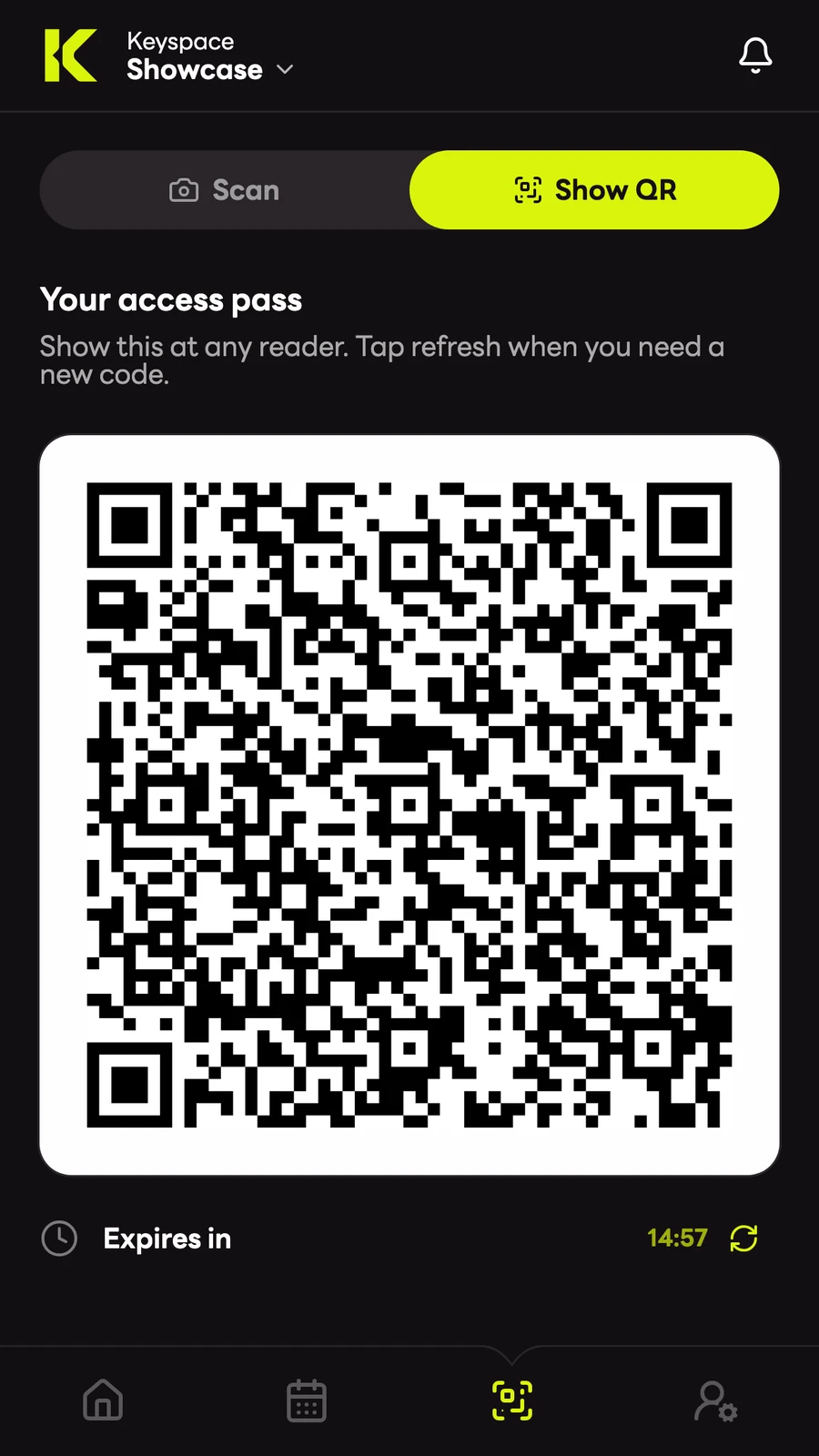 Original App access screen with a refreshable demo QR pass and expiry indicator