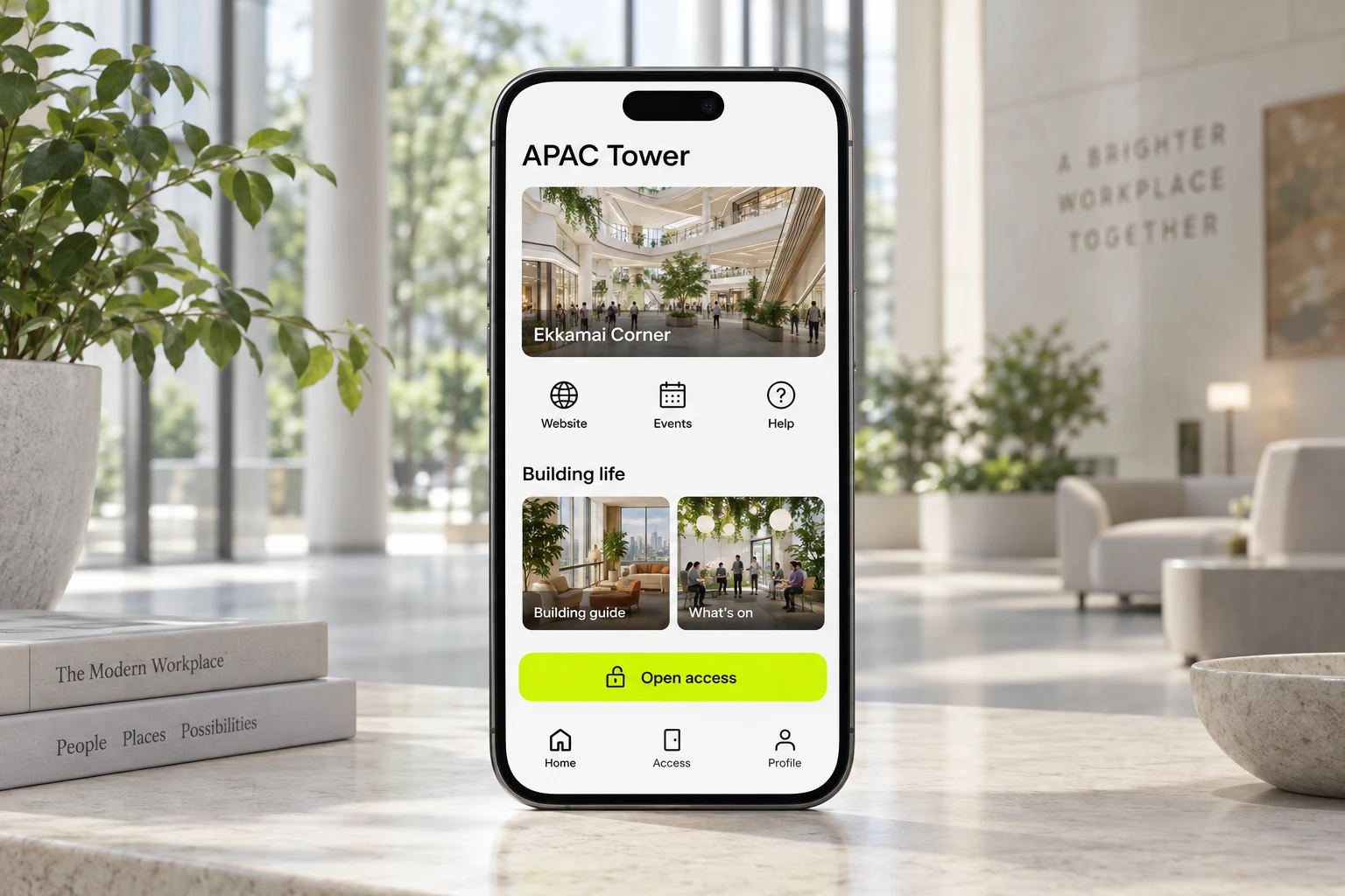 Concept visual of an APAC Tower mobile home with Ekkamai Corner stories, useful shortcuts and an Open access action