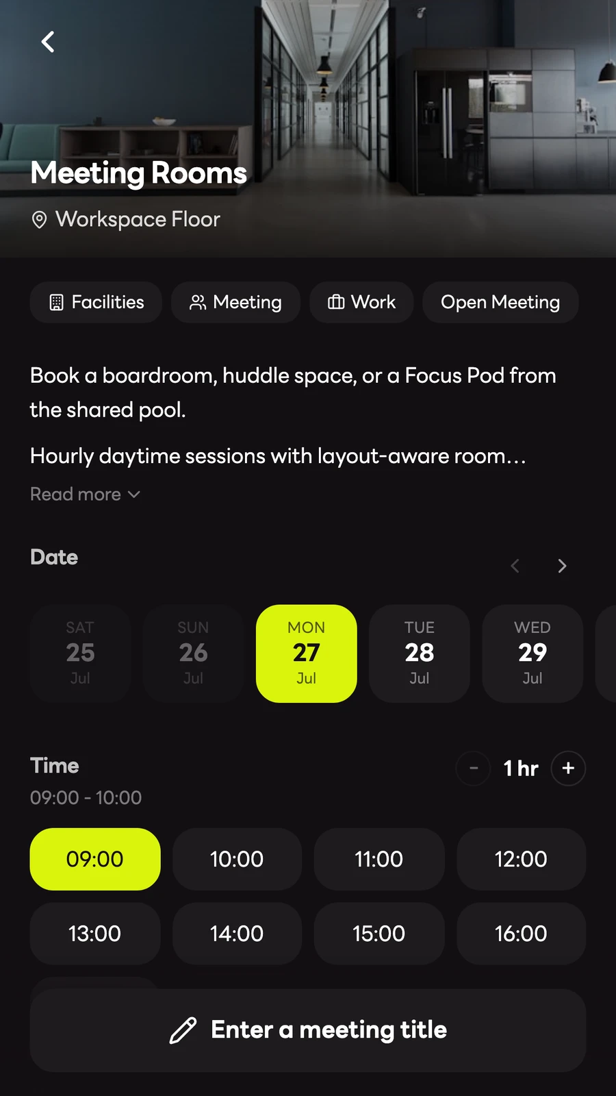 App meeting-room booking screen with date, duration and available start-time choices