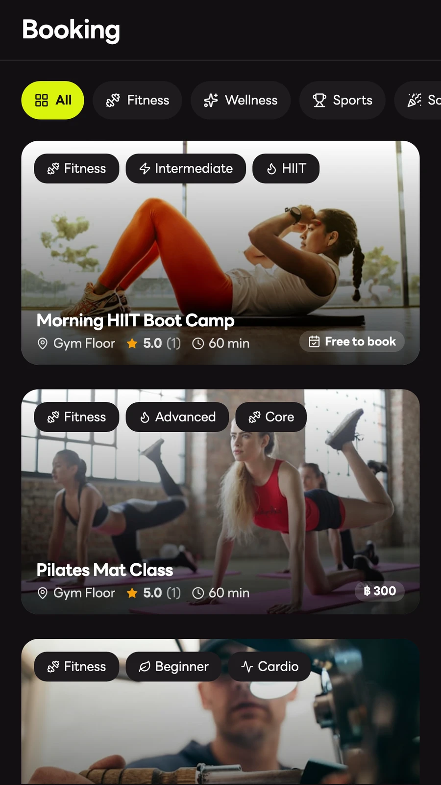 App booking catalogue showing fitness classes and service categories
