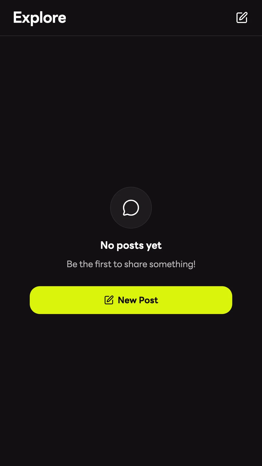 App Explore screen inviting the first community post