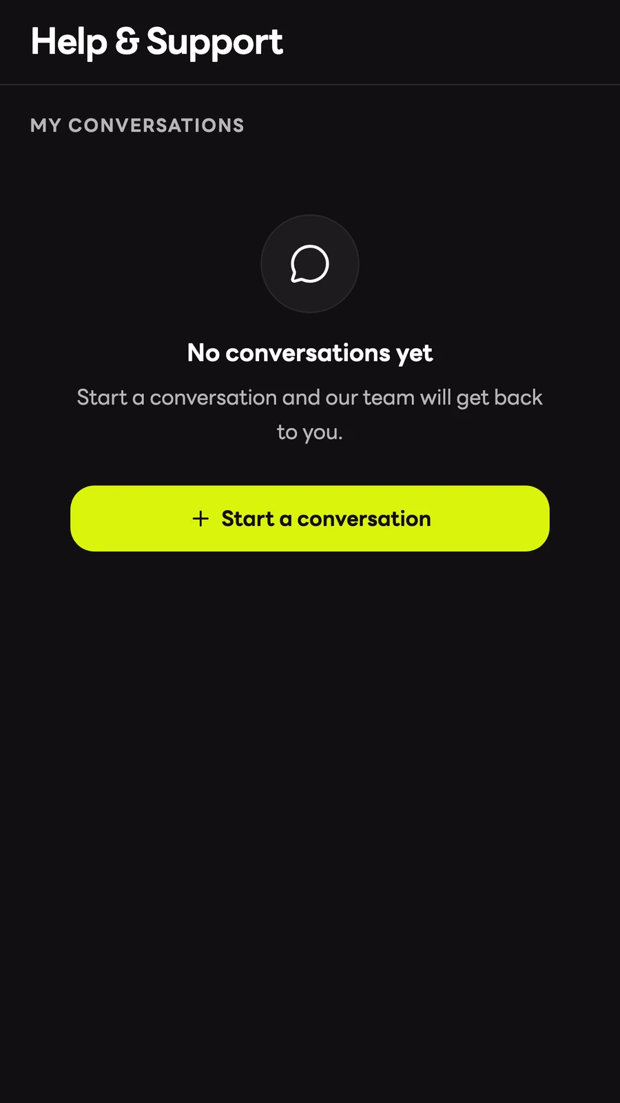 App Help and Support screen with the Start a conversation action