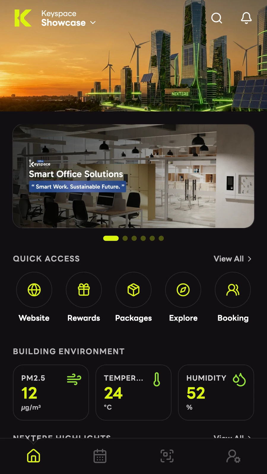 App home screen with banners, quick access and sample environment readings