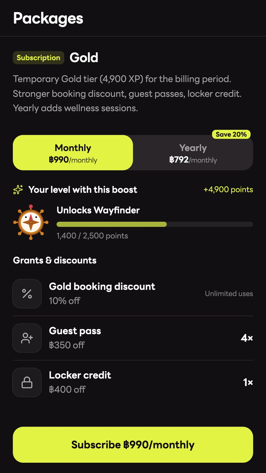 App demo Gold package showing monthly and yearly plans, a tier preview and included discounts