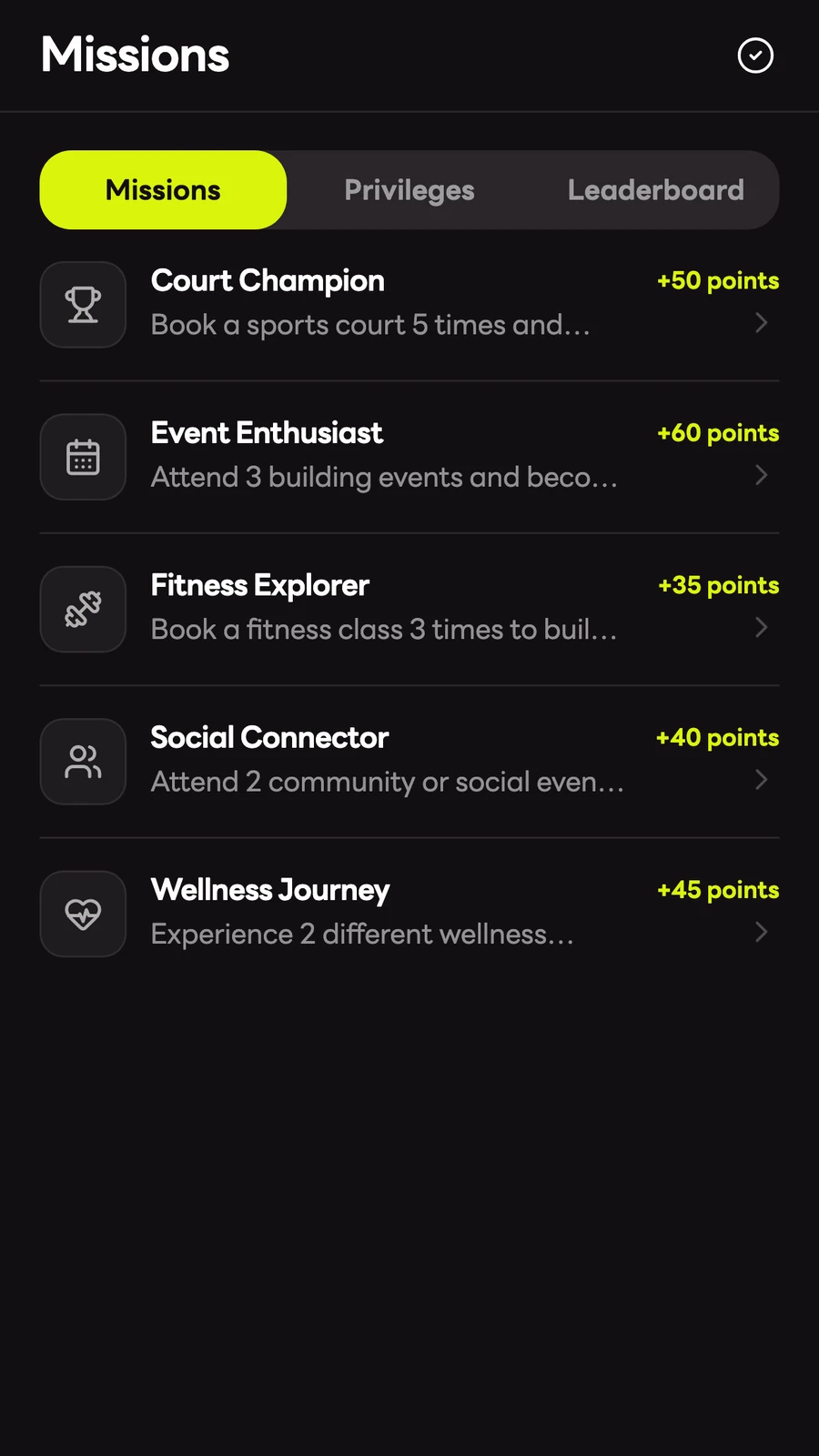 App Missions screen listing sports, events, fitness and wellness missions with point rewards