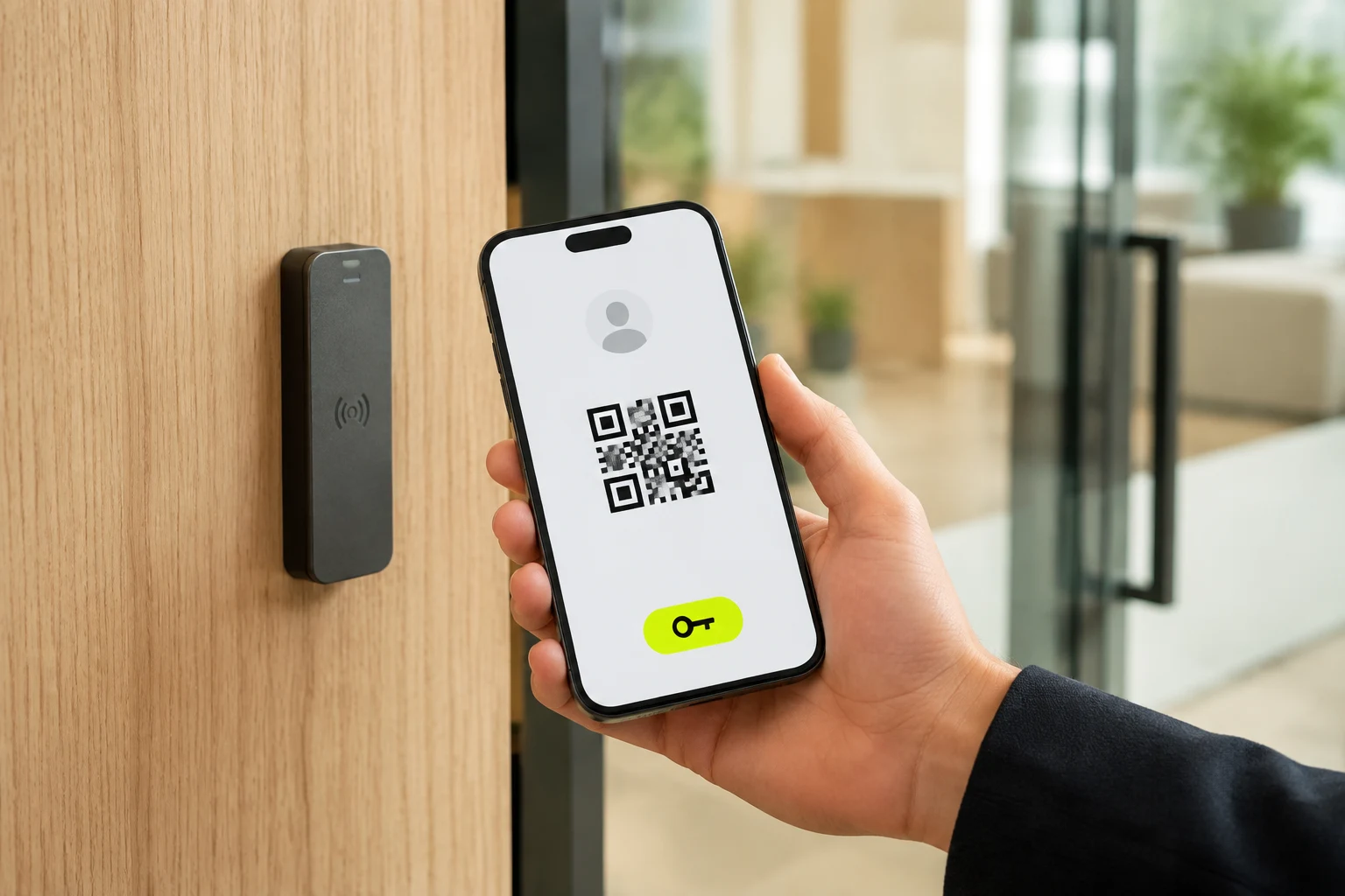 A phone presenting a QR access pass beside a doorway reader