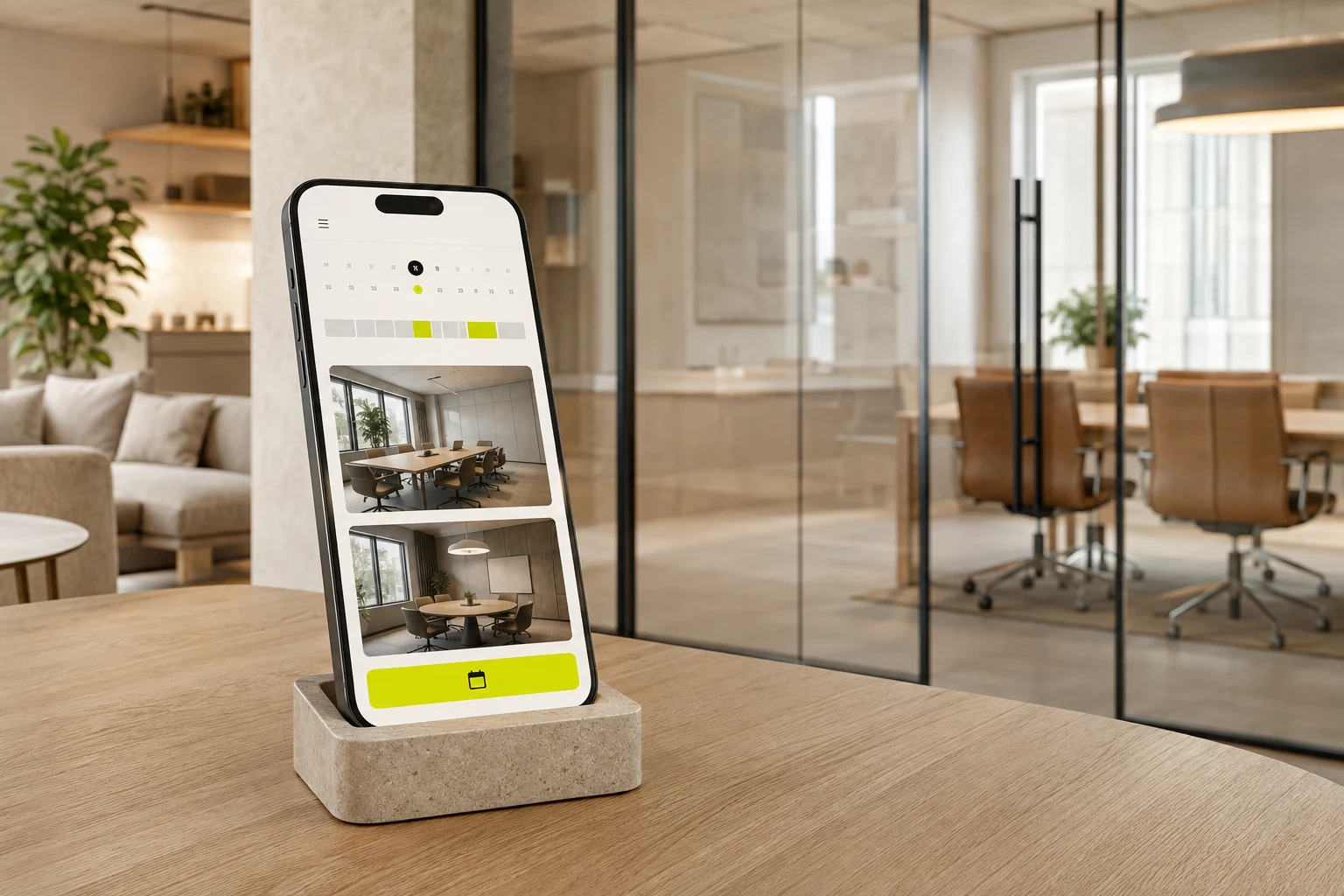 A phone showing room choices and availability in a workplace lounge