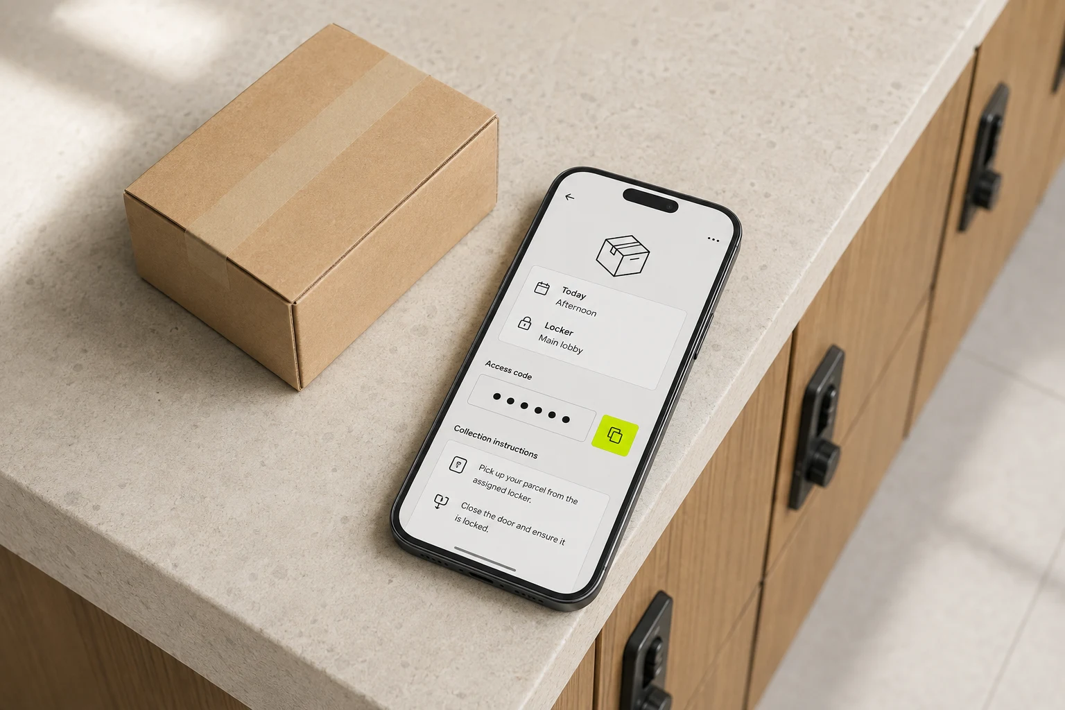 Booking details and a private code on a phone beside a small parcel