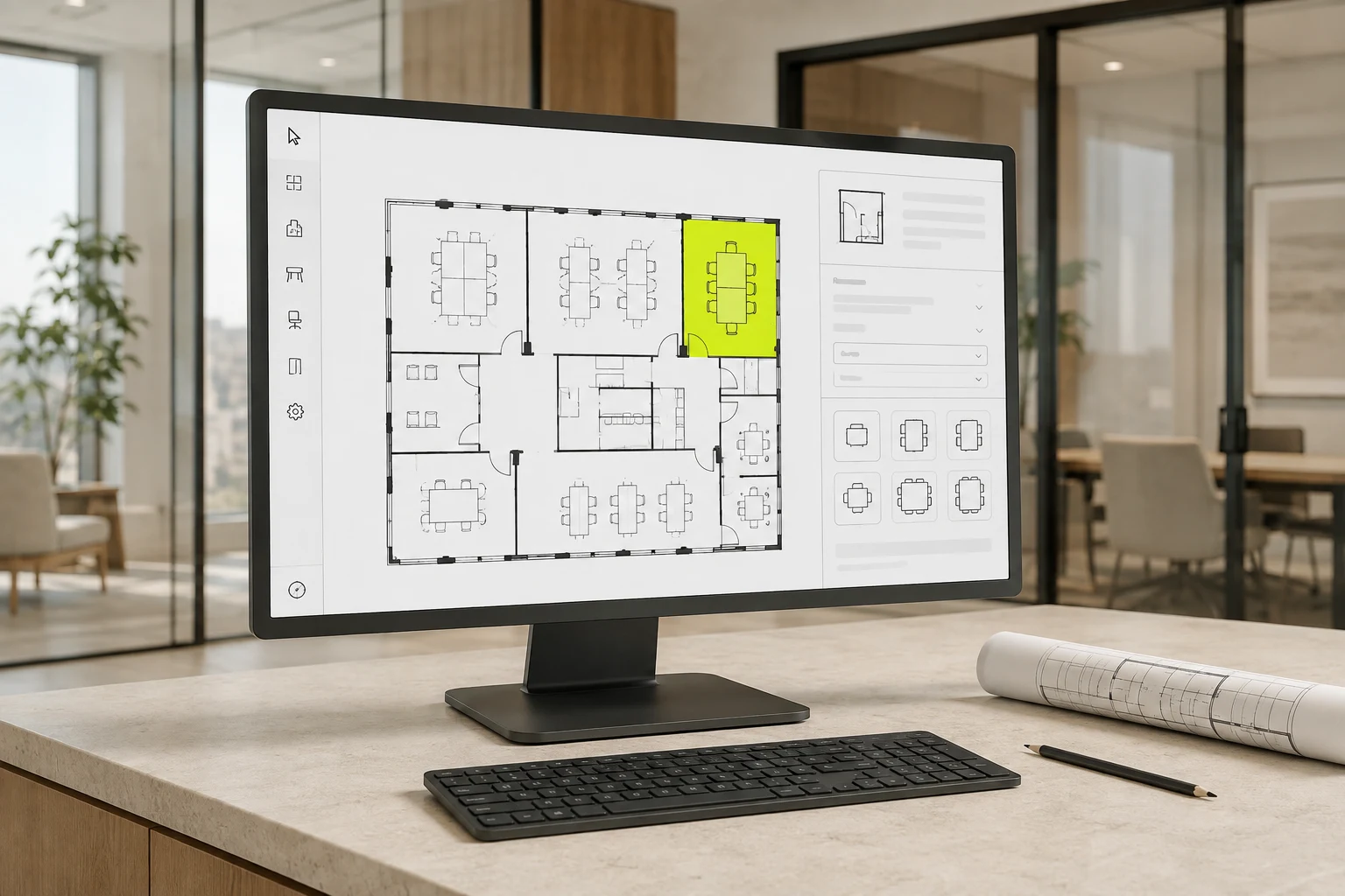 A workplace planning monitor showing a floor plan and room settings