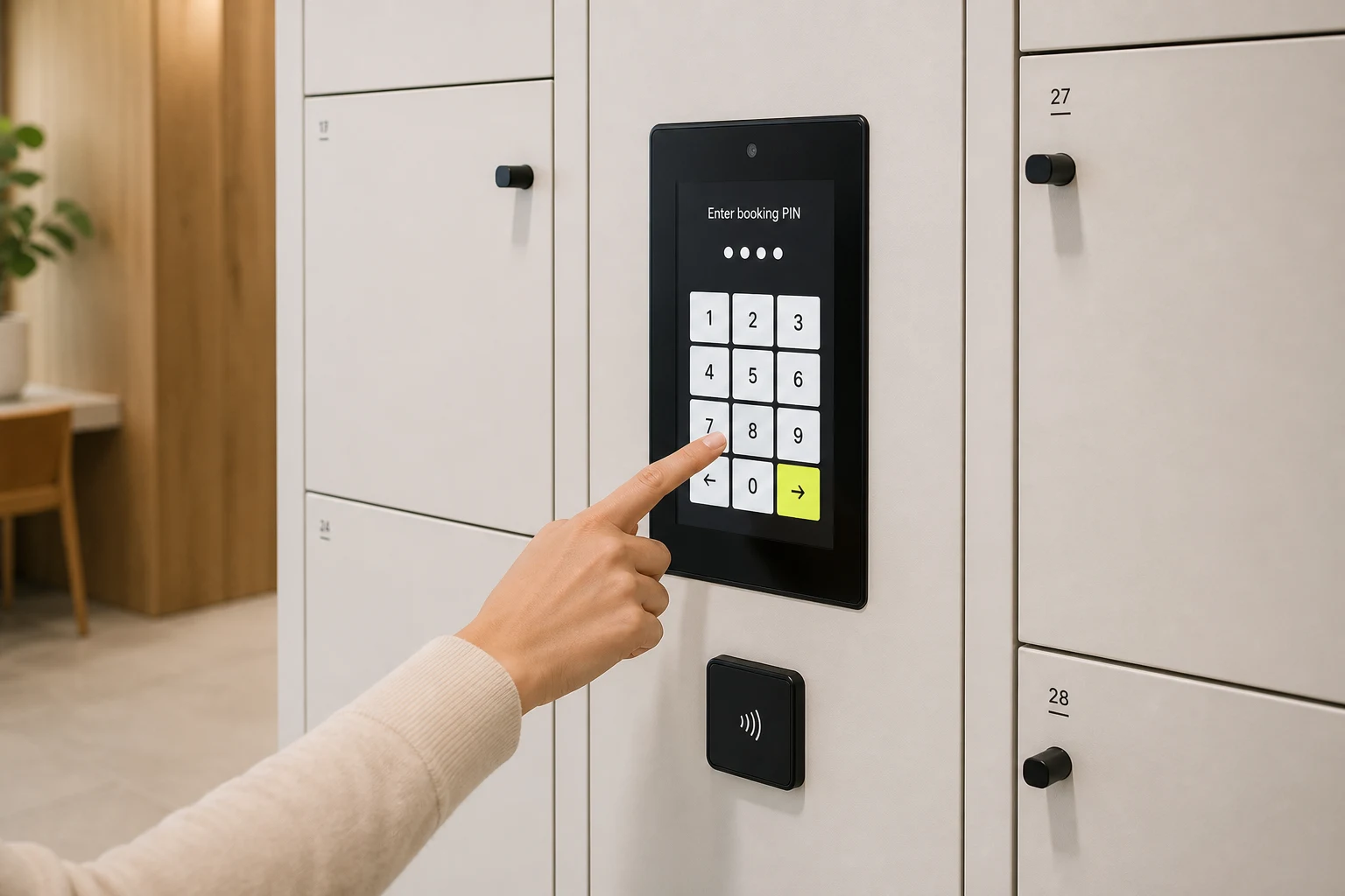 A booking-code keypad on a complete locker terminal beside its compartments