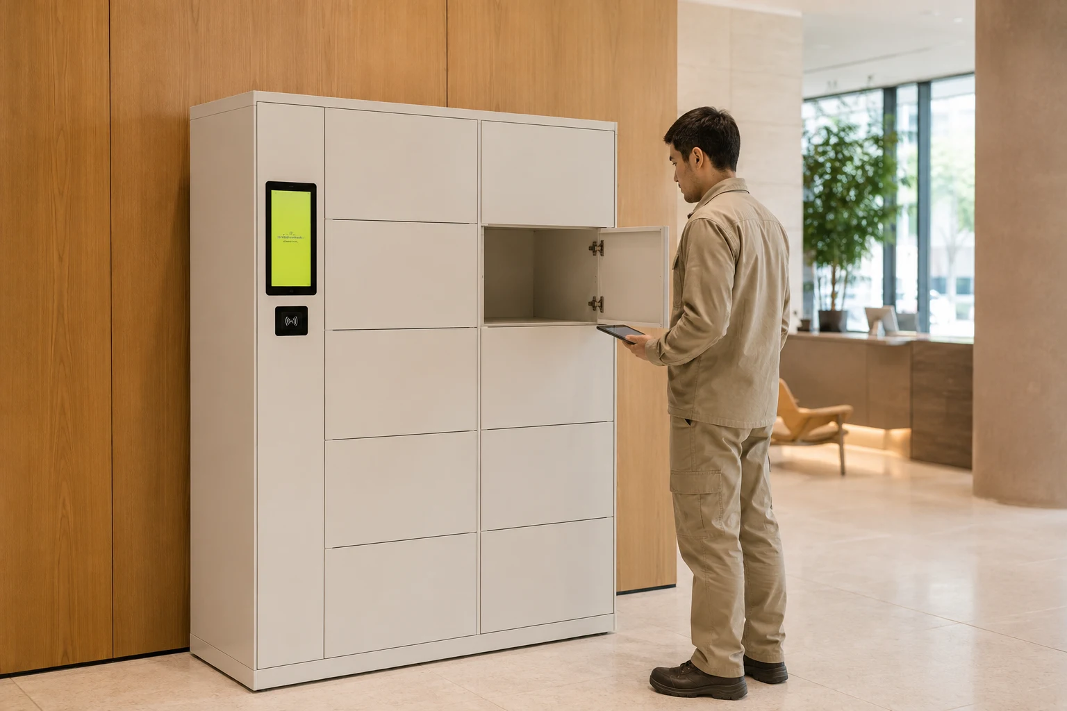 A staff member inspecting an open locker compartment