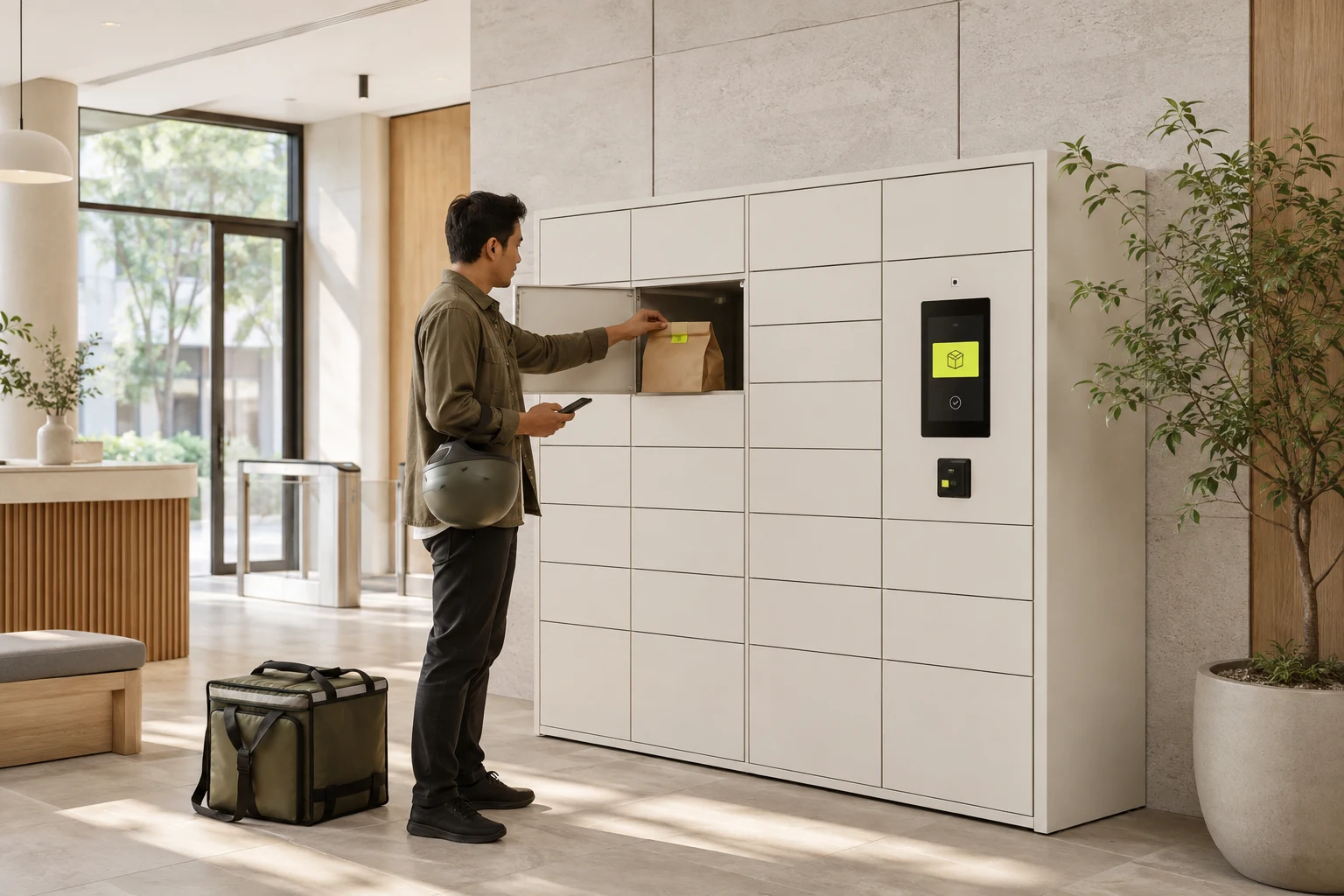 A delivery rider depositing a sealed food bag into a workplace locker