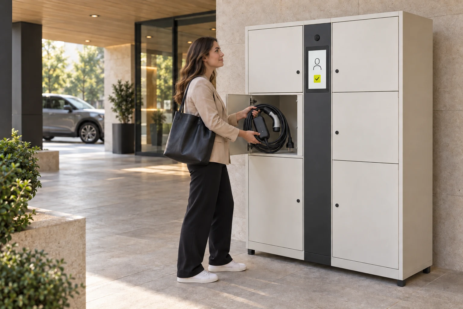 A portable EV charger stored in an open compartment beside a face-authentication terminal