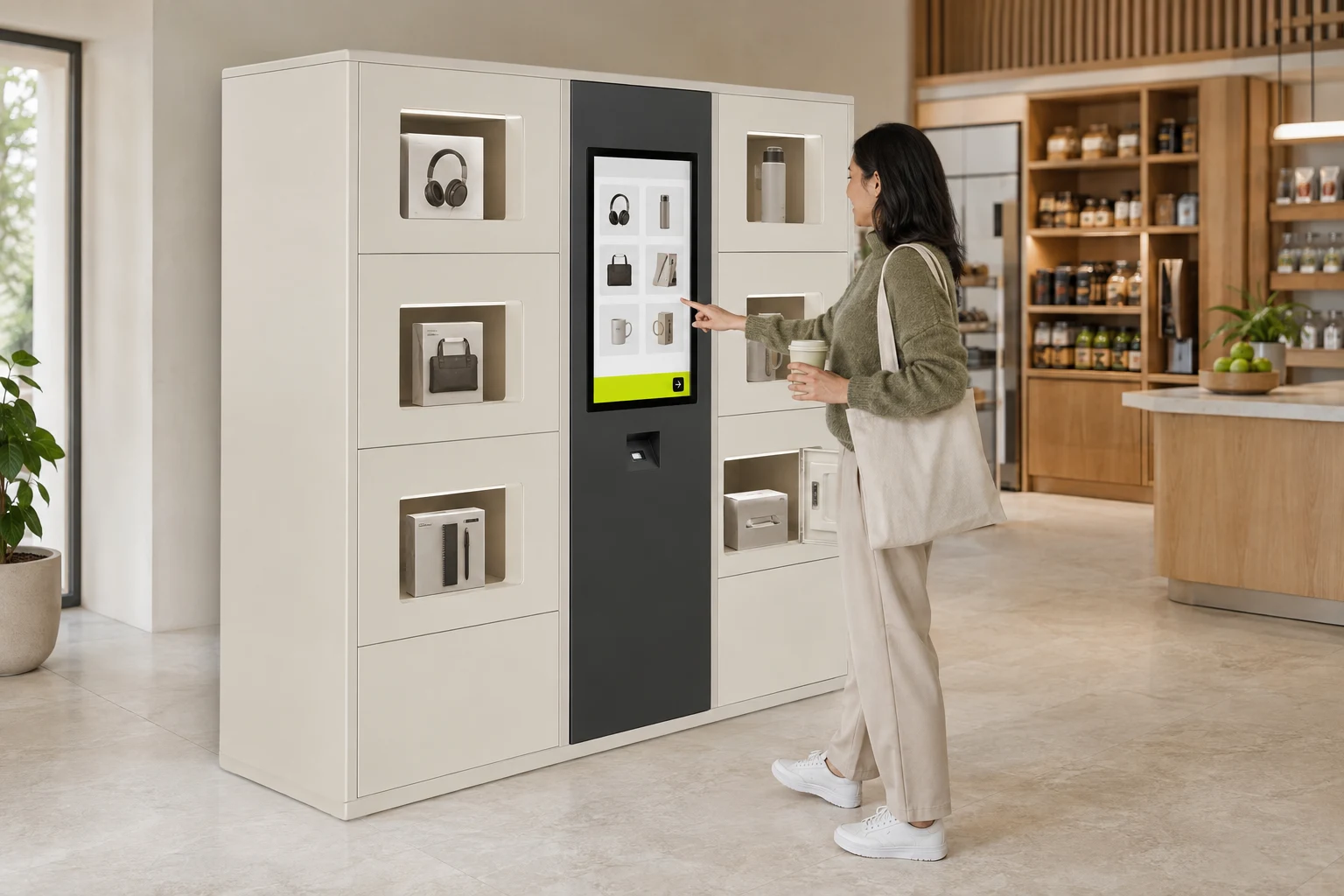 A customer shopping at a locker kiosk with individual products in separate compartments