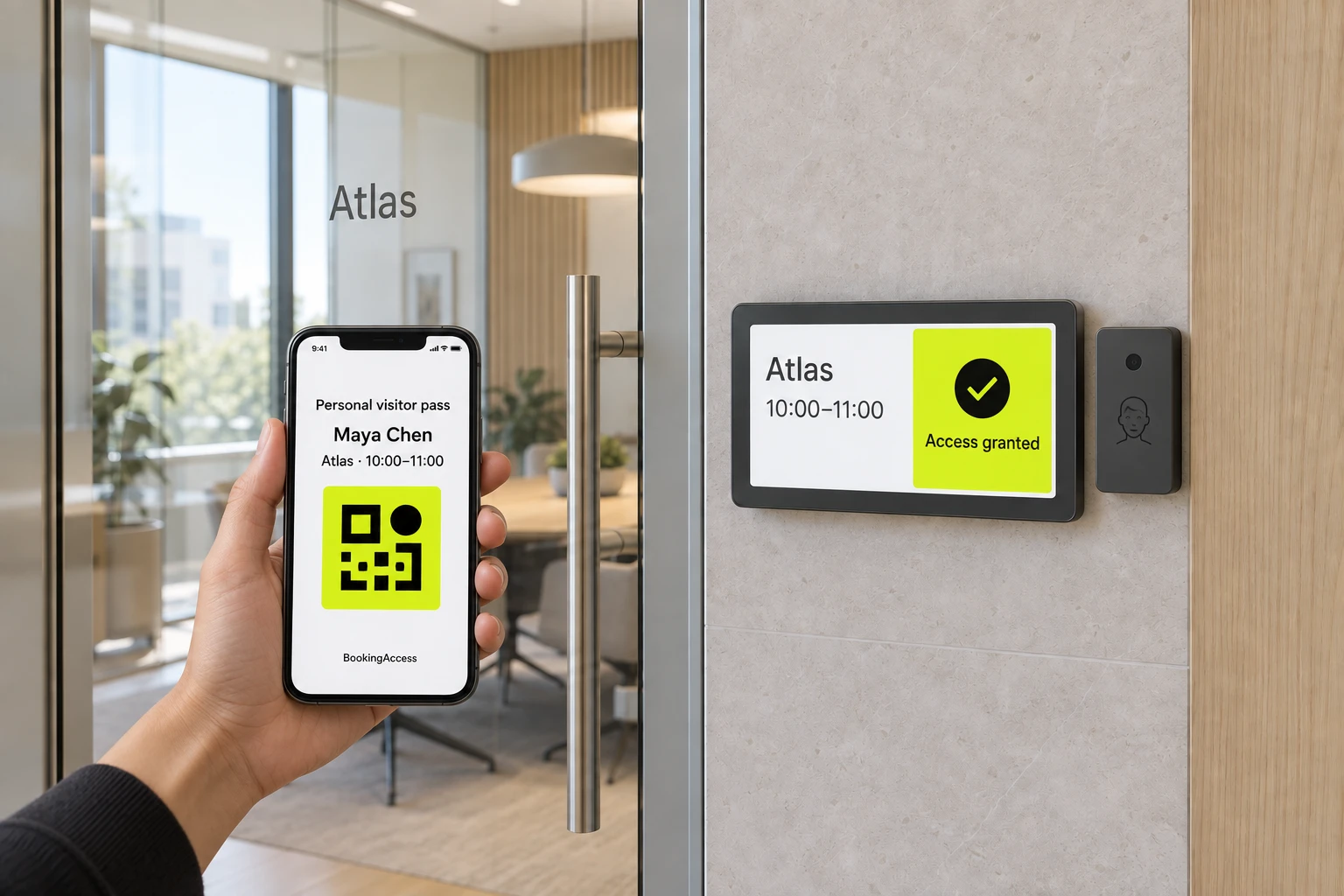 Concept Atlas doorway Signage showing its booking window and access result, a personal visitor QR on the visitor’s own phone, and a separate member face reader