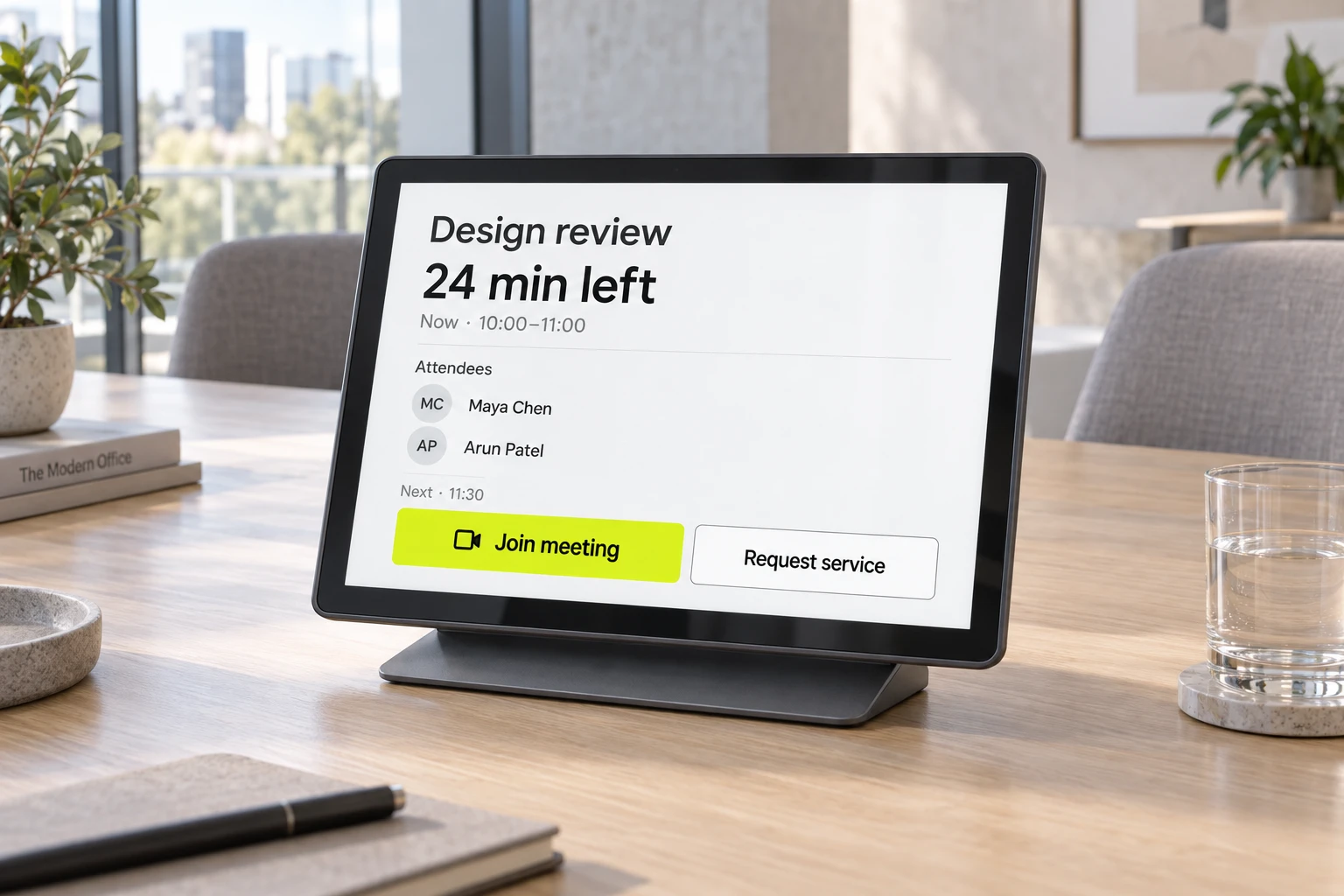 Concept tabletop Signage showing one meeting, attendees, remaining time, join and service actions; no QR, lock or advertising