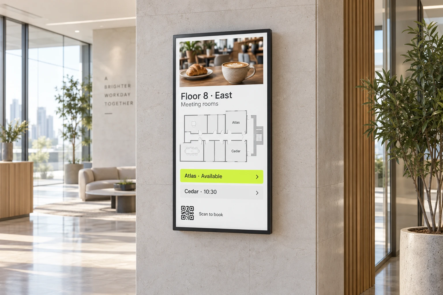 Concept portrait Signage in a lobby with a floor plan, room schedules and a correctly proportioned video area above