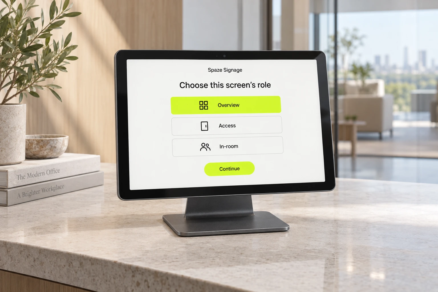 Concept of one Spaze Signage app with Overview, Access and In-room device-mode choices