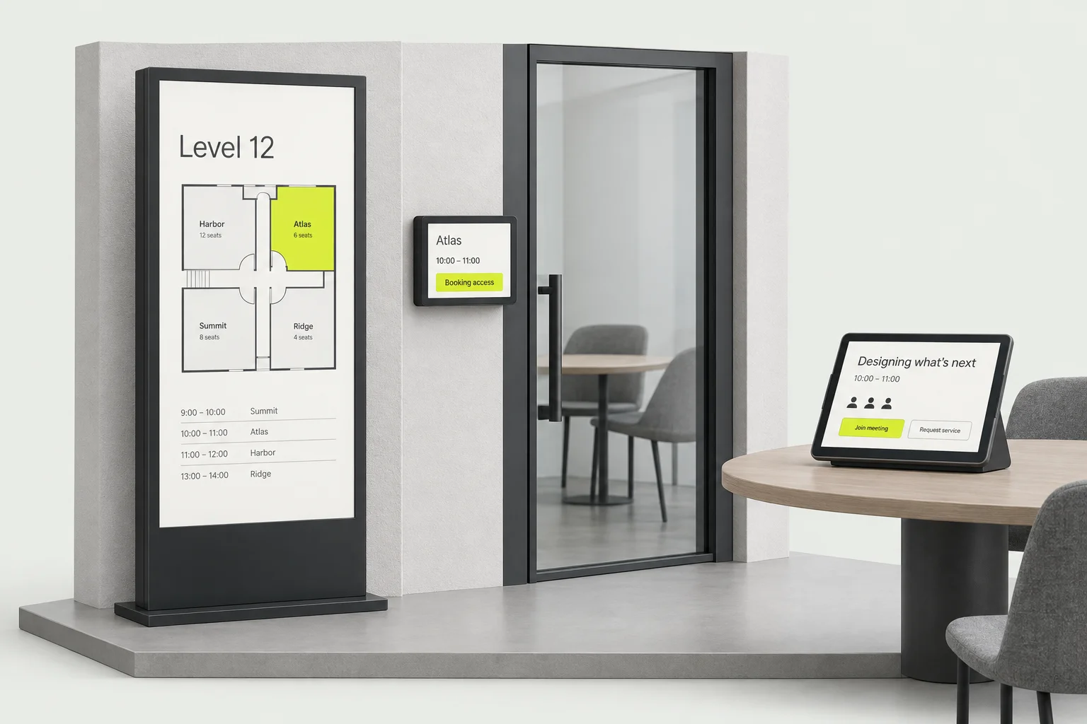 Concept of three Signage screens in one workplace: a portrait lobby floor plan, an Atlas access panel beside a meeting-room door, and a tabletop meeting controller.