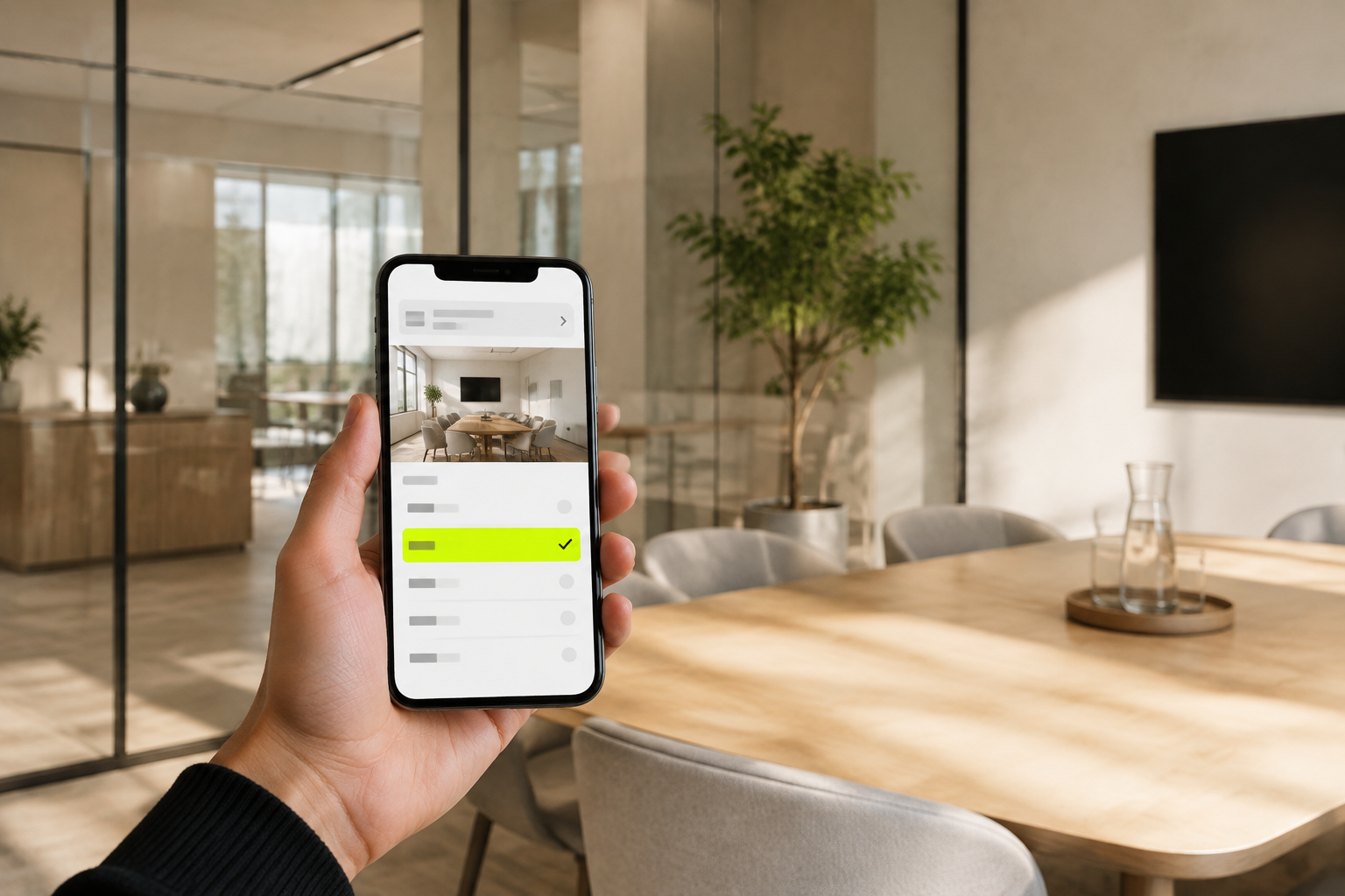A phone with a room-booking view in a bright shared workplace