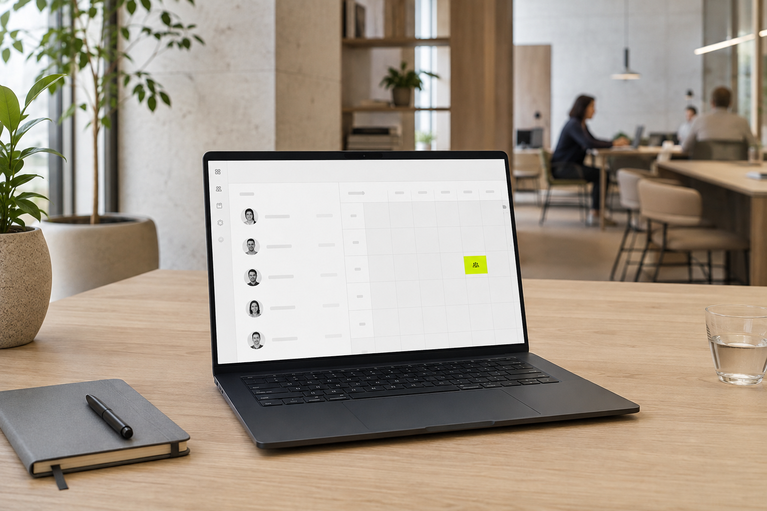 A laptop with people and booking information at a workplace operations desk
