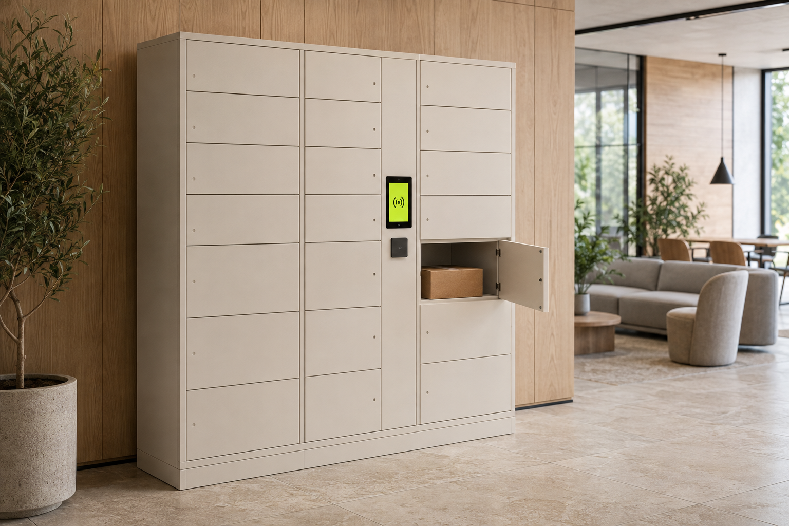 A complete locker bank with a touchscreen, separate reader, and an open parcel compartment